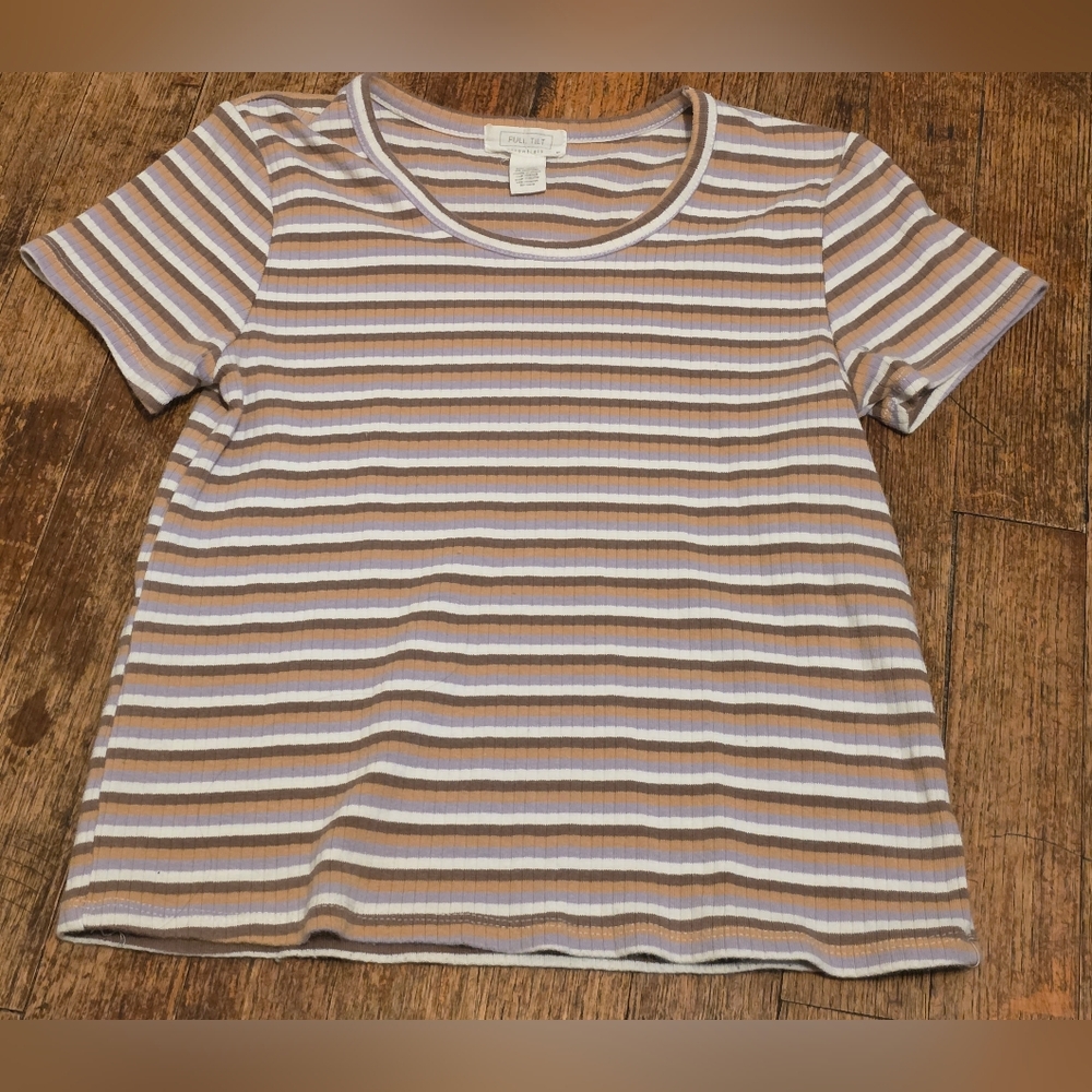 Striped Ribbed Tee in Lavender, White & Tan -Girls Crop Top